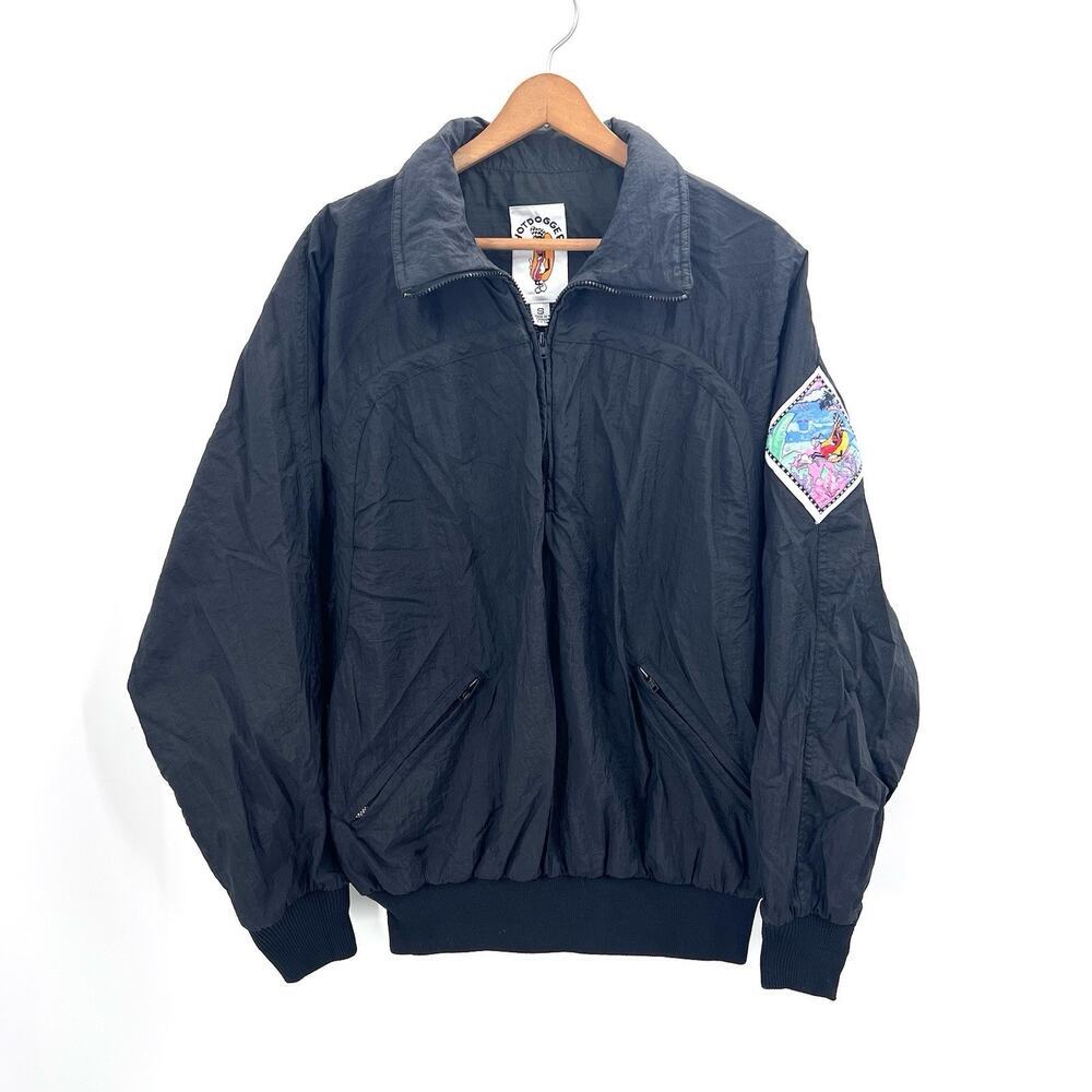 Vintage 80s Hotdogger Black Nylon Windbreaker Half Zip Windbreaker Jacket Small